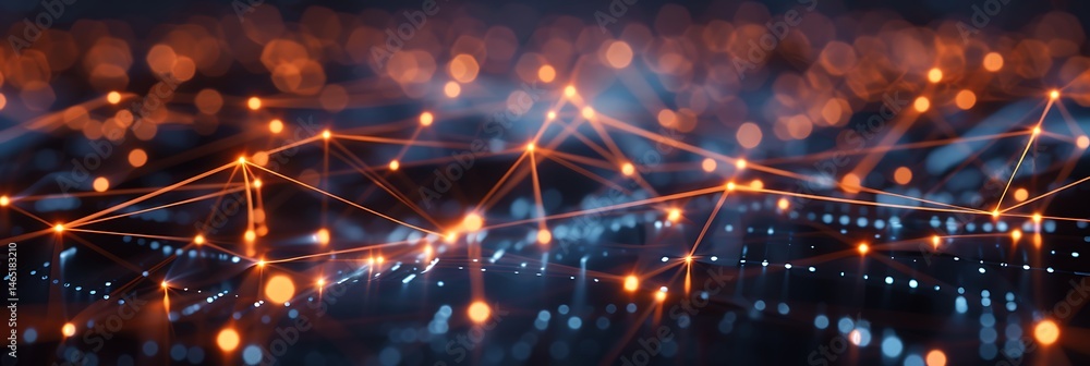 Poster abstract network of glowing orange lines and nodes on a dark, blurry background. represents data con