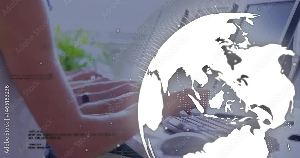 Poster global network being animated with typing keyboards, faint code snippets and white stylized globe