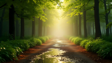Obraz premium Enchanting Forest Path After the Rain, A Photorealistic Depiction of Serenity and Renewal, Inviting Viewers to Embrace the Calm Beauty of Nature's Embrace