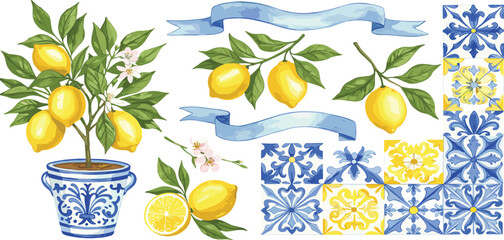 Watercolor mediterranean set, juicy lemons, leaves, flowers, Italian tiles