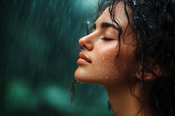 Woman with curly hair enjoying rain, eyes closed, with droplets on her face in a lush green forest