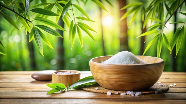 Soaking in a relaxing salt bath surrounded by lush green bamboo leaves and the natural beauty of a wooden bowl, promoting tranquility and rejuvenation , wellness, serenity