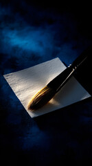 Blank white composition sheet with a house painting brush placed on a dark background.