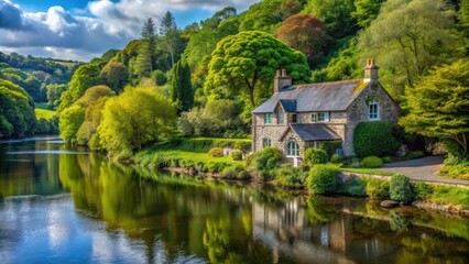 Obraz premium A picturesque cottage nestled among trees overlooking the tranquil River Tamar at Lower Anderton Millbrook near Torpoint Cornwall, Rural Retreats, Torpoint Cornwall