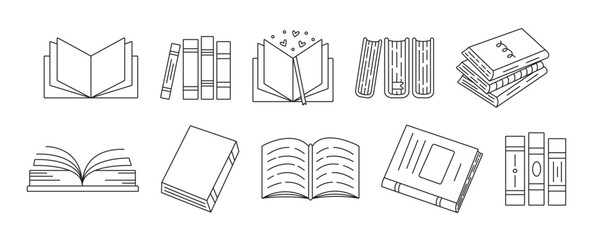 Black line book icon set isolated on transparent background, printed products vector monochrome signs in different variations, back to school simple doodle collection with editable strokes