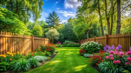 Obraz premium A serene green yard enclosed by a large wooden fence, complete with lush trees and vibrant flowers, surrounded by a tranquil atmosphere