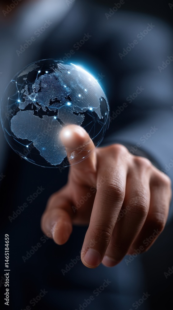 Poster man's finger touches digital globe, representing global connection and networking
