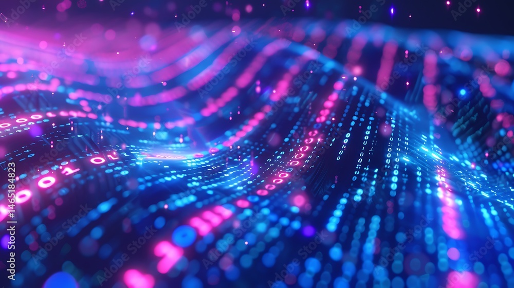 Poster abstract wavy landscape of glowing pink and blue binary code particles. represents big data, digital
