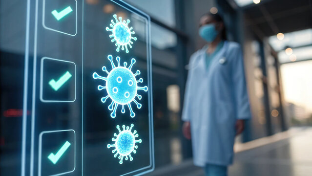 Covid19 healthcare professional monitors covid19 data through digital interface showcasing virus icons and checkmarks