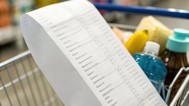 Covid19 Grocery list paper shopping cart with various items including drinks and fruits, reflecting daily needs during covid19