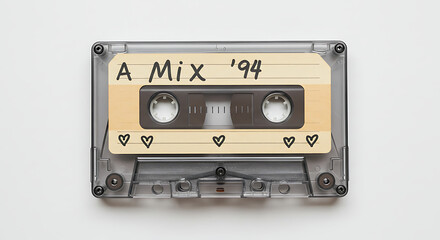 Obraz premium A vintage audio cassette tape, clearly a personalized mixtape, is presented in a flat lay view