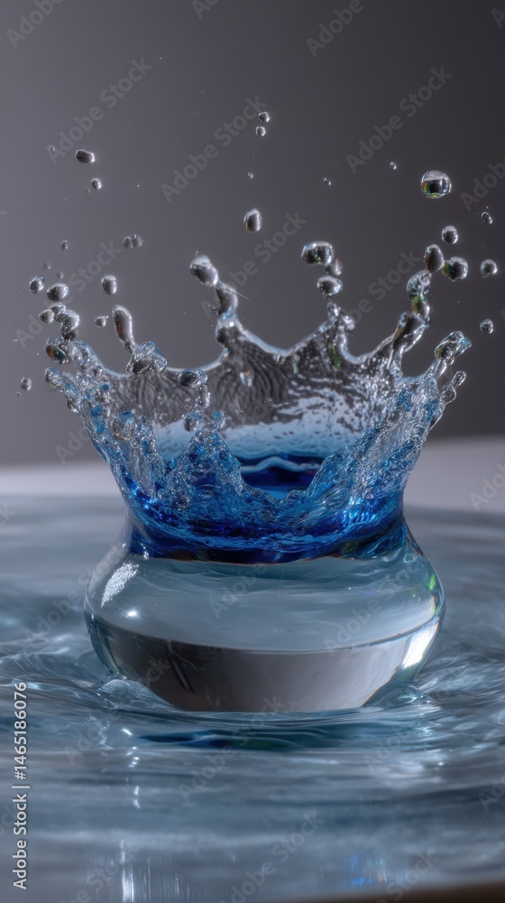 Poster water drop collision forming a crown shape with splashes and ripples on gray background, abstract dy