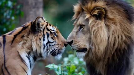 A close-up portrait of a tiger and lion looking at each other