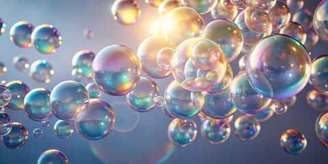 Glowing clusters of iridescent bubbles suspended in mid-air, surrounded by soft