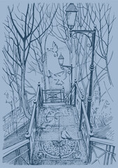 Cityscape of Kyiv, Ukraine. Staircase in rarka and pigeons. The illustration is hand painted with pen and ink. Line sketch converted to vector drawing.Adobe Illustrator Artwork
