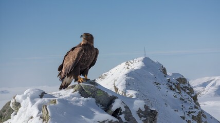 An eagle stands majestically atop a snow-covered mountain, its gaze fixed towards the horizon. The backdrop is a clear, cold, and sunny sky.