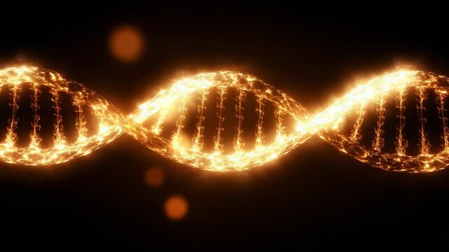 Golden DNA double helix with sparkling particles.
