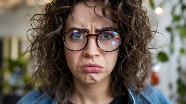 A young woman with curly hair is displaying an expression of skepticism and confusion, wearing glasses 