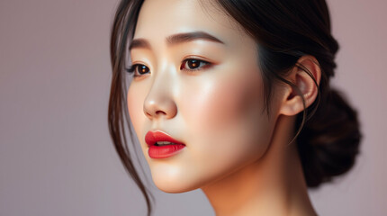 Fototapeta premium Elegant Asian woman portrait showcasing radiant skin and color gradients