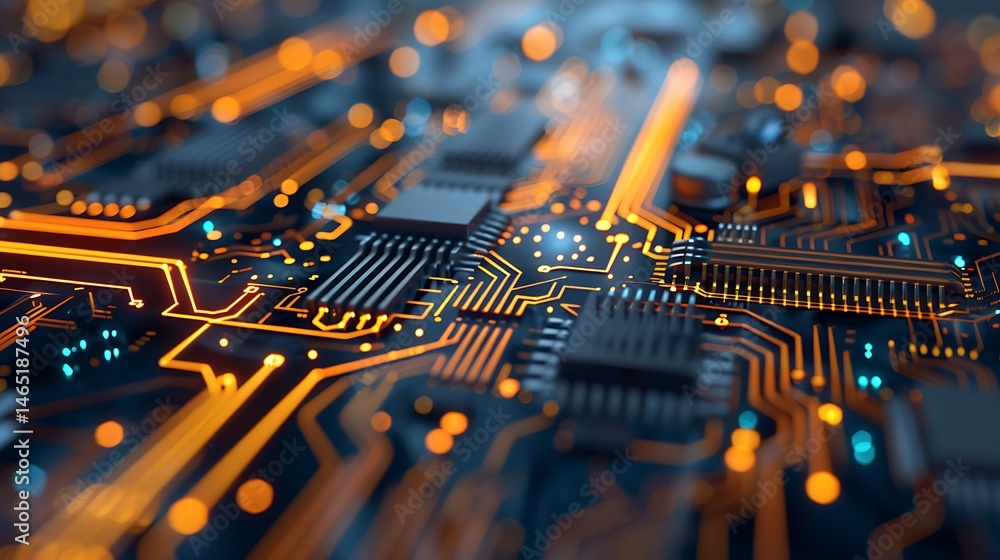 Poster close-up of a glowing orange and blue circuit board with intricate pathways. represents technology, 