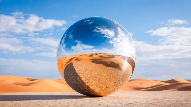 Reflective sphere mirroring orange desert sand dunes under a partially cloudy sky