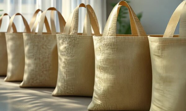 Beige reusable shopping bags lined up.
