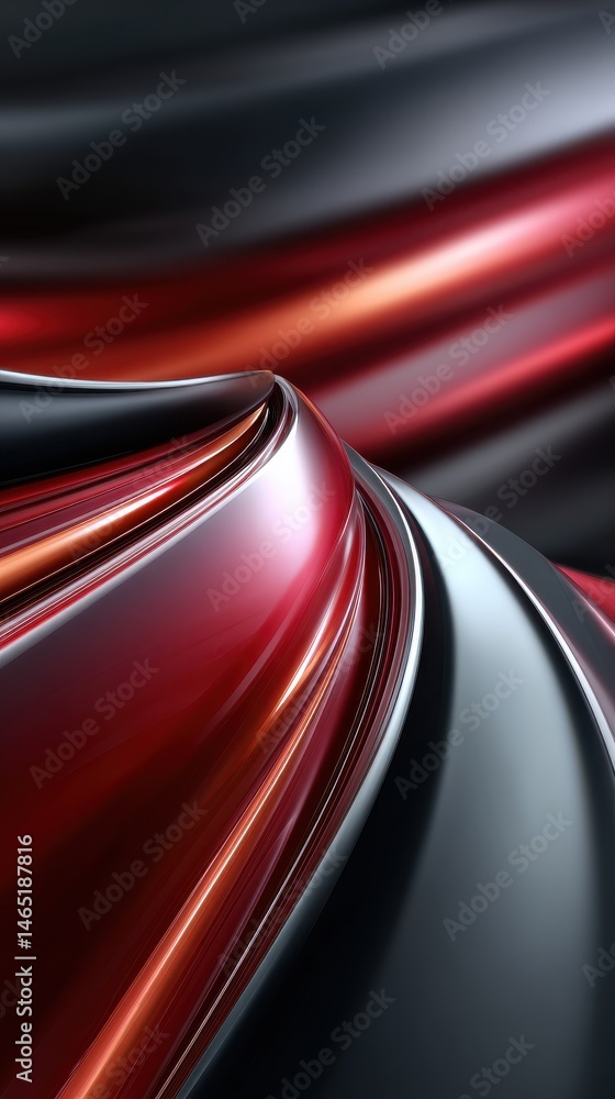 Poster abstract flowing red and black metallic shapes with curving lines and reflections