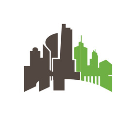 Fototapeta premium Tree icon, city icon, city logo, Green City Silhouette with Tree, Wind Turbine, and Buildings Eco-Friendly Urban Vector Concept.