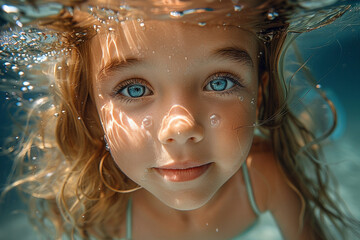Little beautiful girl swims underwater with open eyes. Cute girl dives in the pool with open eyes.