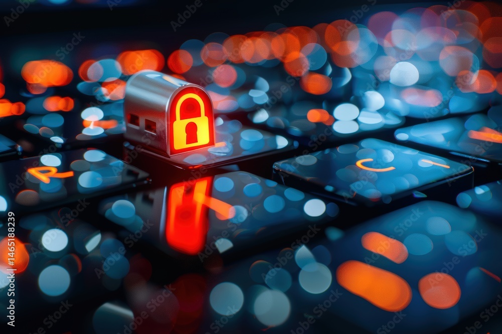 Poster digital lock on a keyboard with blurred lights in the background.