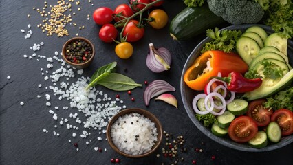 Preparing a healthy mix of organic raw vegetables with sea salt kitchen table food styling natural light top view