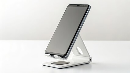 Mobile phone on a white stand angled up mockup
