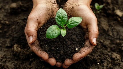 Gentle hands hold vibrant young seedling nestled in rich earth, symbolizing growth, nurture, and environmental responsibility