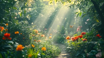 Magical sun beams in fairy-tale coniferous forest landscape nature. 