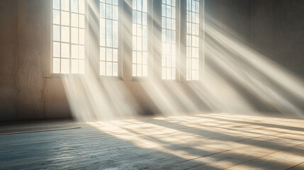Obraz premium Light rays streaming through a church window into a quiet space, with blank caption area on the side. Symbolizes faith, hope, spiritual reflection, and divine presence in a peaceful sacred setting.