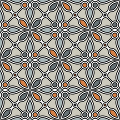 Seamless floral pattern with an ornamental grid of geometric orange and grey flowers and leaves outlined with a black stroke on a light grey background. Modern Islamic style. Vector illustration.