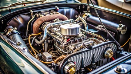 Fototapeta premium Engine with intricate mechanical components exposed under the bonnet of a classic car during restoration process, manufacturing, craftsmanship