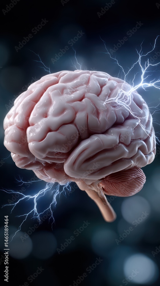 Poster brain activity visualization with lightning striking across cerebral cortex