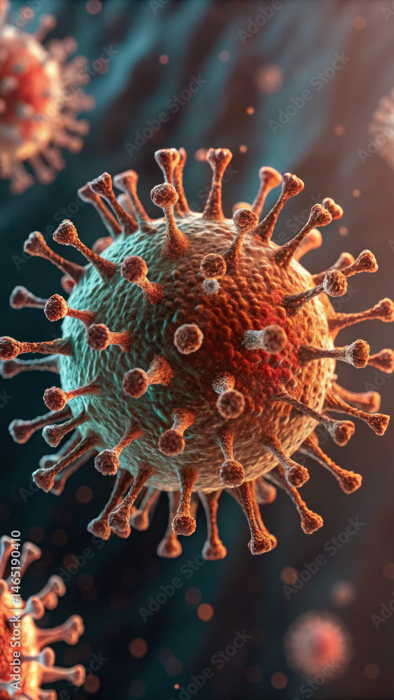 Poster covid19 image depicts detailed representation of virus, showcasing its structure and features. this 