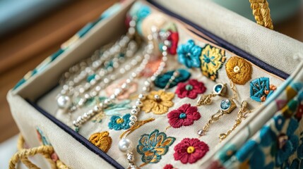 A handmade fabric jewelry organizer with embroidered details