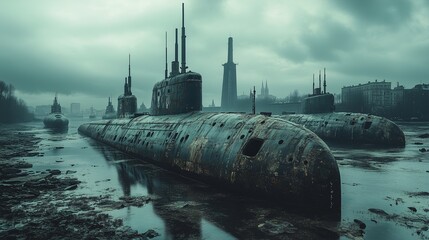 Fototapeta premium Abandoned Submarines on a Muddy Shore