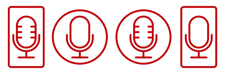 Red Microphone Icons Set. Editable Stroke. Voice Recording Symbols in Line Style for Audio, Podcast, Music, Speech, Broadcasting Design. Vector Outline Mic in Circle and Square Frames for App and UI.