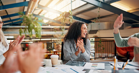 Creative, meeting and business people with high five and applause for success, achievement and victory. Office, startup and workers celebrate for teamwork, project collaboration and congratulations