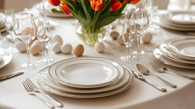 Elegant Easter dinner table setting with tulips and eggs. - Powered by Adobe
