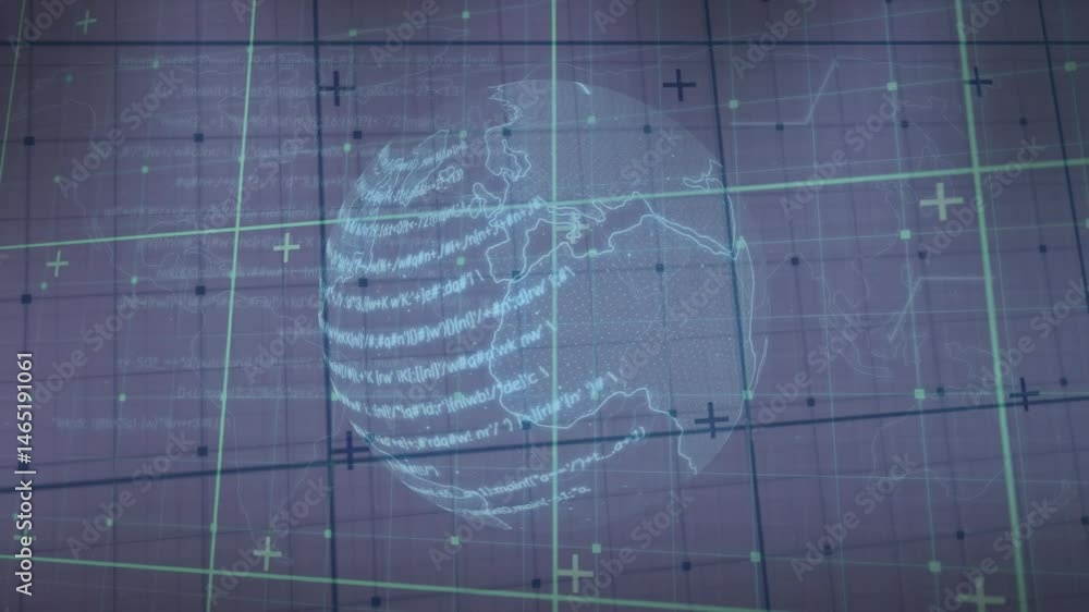 Poster holographic globe projecting continent outlines and streaming code on neon grid showing markers