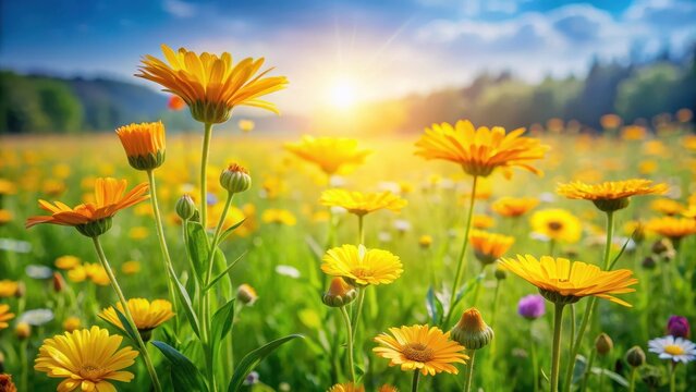 Sunny meadow with vibrant yellow calendula flowers swaying gently in the breeze amidst lush green grass and wildflowers