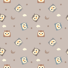 Face owl cartoon so cute. On star cloud moon background. Pattern seamless vector illustration. 