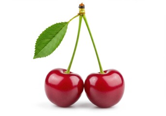 Two cherries with stem and leaf on a plain light color backdrop isolated on white background