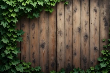 Old grunge wood wall texture with ivy for nature background copy space for texting. Mockup template for artwork graphic design. Background for presentation, backdrop and product design