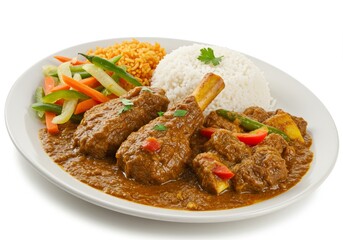 Delicious lamb shank curry served on a plate with rice and vegetables, an exquisite culinary journey